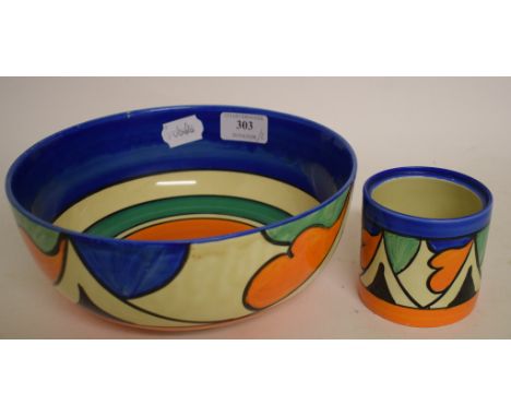 A Clarice Cliff Bizarre Double V pattern bowl, 21.5 cm diameter, and a similar preserve jar, lacks cover, 7.5 cm high (2)   C
