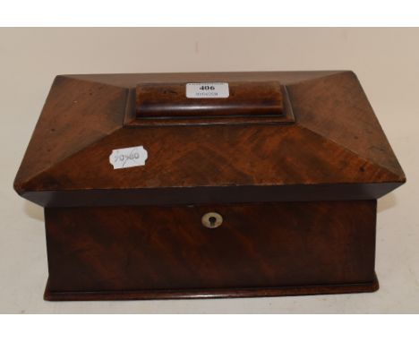 A mahogany tea caddy, of sarcophagus form, lacks interior, 35 cm wide