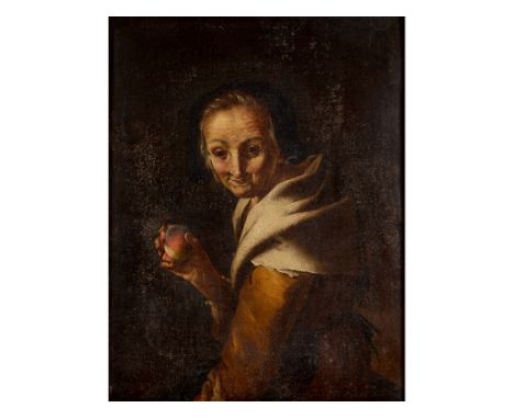 Flemish School, 17th century style, an old lady holding a peach and wearing a bonnet, oil on canvas, 70 x 54 cm, in an ebonis