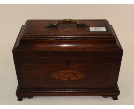 A George III inlaid mahogany tea caddy, the interior fitted three canisters, on ogee bracket feet, 28 cm wide  