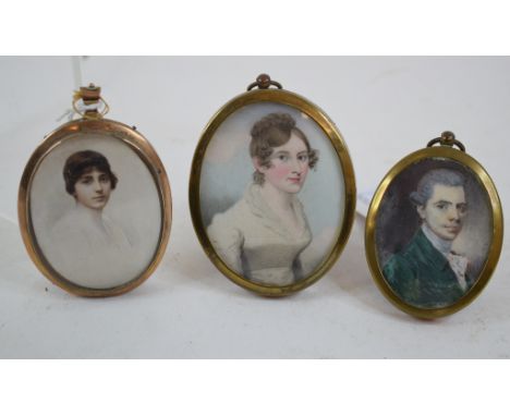A 19th century oval bust portrait miniature, of a young lady, 6 x 4.5 cm, and two other bust portrait miniatures (3)   Condit