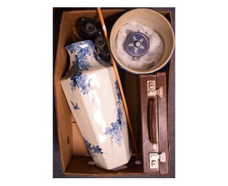 A Wedgwood blue Jasperware jardiniere, 21 cm high, a similar jar and cover, a Brigg swagger stick, and other items (box)