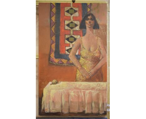 Middle Eastern school, 20th century, a portrait of a lady standing behind a table, oil on canvas, indistinctly signed, 100 x 