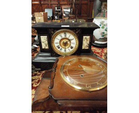 A Victorian faux slate mantel clock, the ivorine dial with brass bezel and Roman numerals, together with a mahogany cased wal