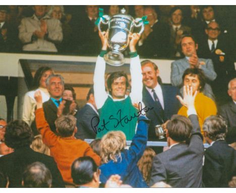 Autographed PAT STANTON 16 x 12 Photo : Col, depicting a wonderful image showing Hibernian captain PAT STANTON holding aloft 