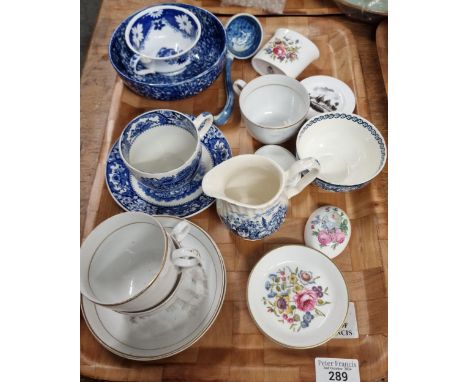 Tray of 19th and 20th century ceramics to include: printed Bat Ware cups and saucers, blue and white probably Spode ladle, Ol