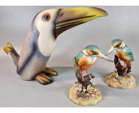 Unusual West German ceramic study of a seated Toucan, together with two similar Royal Crown Derby English bone china Kingfish