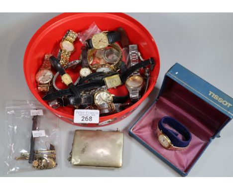 Plastic tub of assorted watches to include: Tissot, Sekonda, Rotary etc. together with a silver plated cigarette case and oth