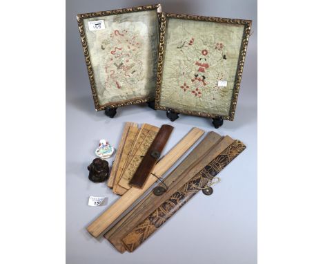 Rustic wooden box comprising mixed lot of Oriental items to include: two Chinese embroidered silk panels in gilt frames, two 