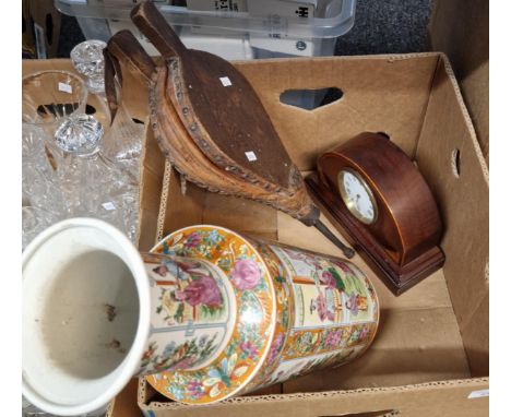 Edwardian mahogany inlaid mantle clock together with a Chinese style vase and vintage bellows.  (B.P. 21% + VAT)