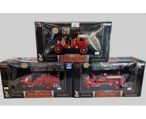 Three Signature Series diecast metal models, scale 1:18 and 1:24 of a 1941 GMC Firetruck, 1938 Fire Engine and a 1914 Model T