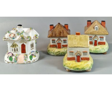 Collection of early 19th century Audrey Dudson Staffordshire novelty pastille burner cottages. (4) (B.P. 21% + VAT)