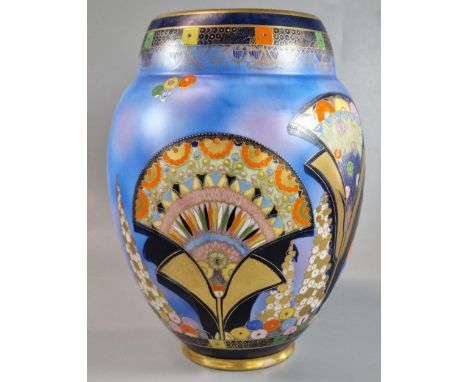 Art Deco 1930s Carlton Ware 'Egyptian Fan' design baluster vase on a blue ground with raised enamel decoration. Blue printed 