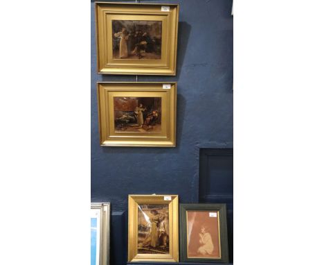 Three Victorian Christoleums, two of a lady playing a violin with figures in a room setting. Together with another framed pri