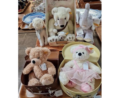 Collection of modern Steiff teddy bears and animals to include: Father and Son's Expedition, Trampili Baby Elephant , Linda B
