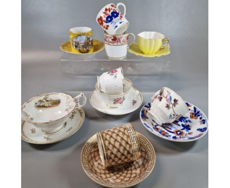 Collection of 19th century Welsh and other tea and coffee cups and saucers to include: Swansea, 'Dolls House' pattern coffee 