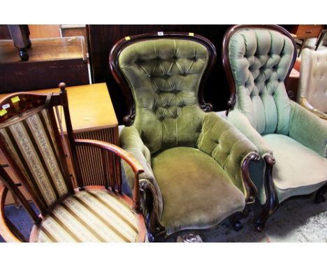 TWO BUTTON BACK SPOON SHAPED ARMCHAIRS &amp; AN UPHOLSTERED SEATED ELBOW CHAIR