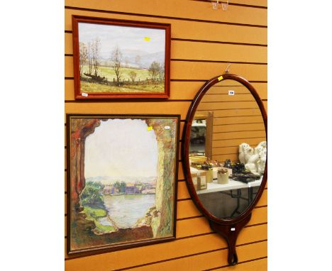A VINTAGE MAHOGANY FRAMED OVAL MIRROR and two pictures
