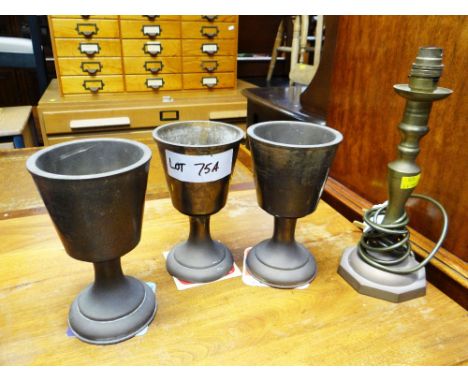 THREE HEAVY BRASS GOBLETS &amp; BRASS LAMP