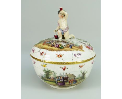 A CONTINENTAL PORCELAIN BASIN AND COVER decorated with transfer scene of revellers to each and with basket weave moulding and