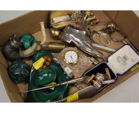 COLLECTABLES, A SMALL PARCEL to include malachite egg and stands, miniature miner's  brass safety lamp, silver and steel shoe