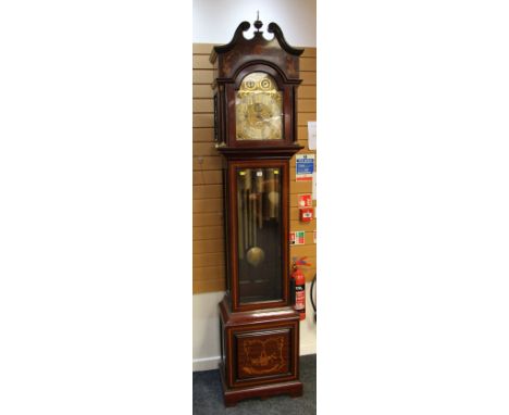 A GOOD EDWARDIAN INLAID MAHOGANY LONGCASE CLOCK having a filigree brass and silvered dial bearing Arabic numerals and with si