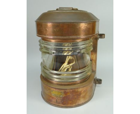 AN AHLEMANN SCHLATTER of BREMEN COPPER SHIP'S LAMP of curved form No P6197 38cms high