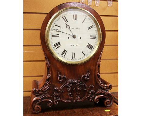 A GOOD TWIN FUSEE CARVED MAHOGANY ENCASED MANTEL CLOCK having a circular dial bearing Roman numberals, inscribed 'Fustance, C