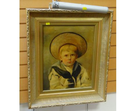 BRITISH PORTRAIT SCHOOL head and shoulders portrait of a young boy in sailor suit and straw hat - inscribed on label verso 'M