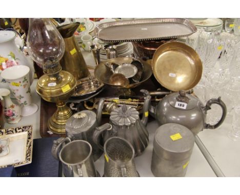 LARGE PARCEL OF MIXED METALWARE including pewter, oil lamp, copper vase ETC