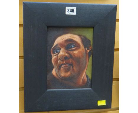 RICHARD OLIVER oil on board - head portrait of a man entitled verso 'Daydreamer', 19 x 14cms (framed)