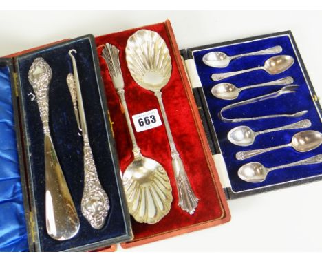 CASED SILVER HANDLED SHOEHORN BUTTON-HOOK together with EP serving spoons  and plated teaspoons and sugar nips