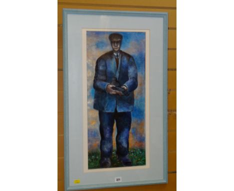 MICHAEL MCVEIGH believed oil on canvas - portrait of a standing figure holding a bird entitled 'The Pigeon Fancier', signed, 