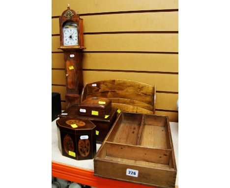 A PARCEL OF WOODEN ITEMS INCLUDING marquetry tea caddy, stationery-rack and miniature long case clock ETC