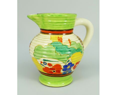 A CLARICE CLIFF POTTERY JUG in the Bizarre range 'Fantasque' pattern and being of ribbed form decorated with bright flowers a