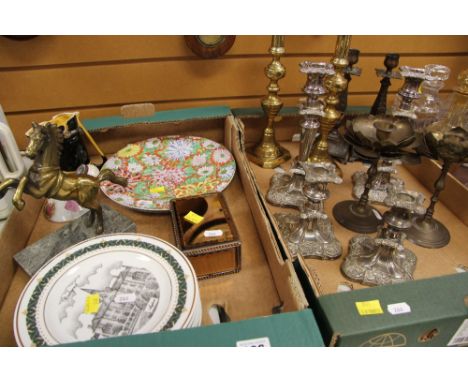 A PARCEL OF MIXED CANDLESTICK HOLDERS in brass, EPNS etc together with mixed collectables including rearing brass horse ornam