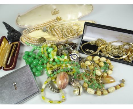 COSTUME JEWELLERY contained within a shoebox and includes yellow metal chains, bracelets, jade ring, Chelsea F.C. and other p