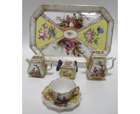 A Dresden yellow ground and painted cabaret coffee set with tray, AR mark to undersideGilding very worn and rubbed throughout