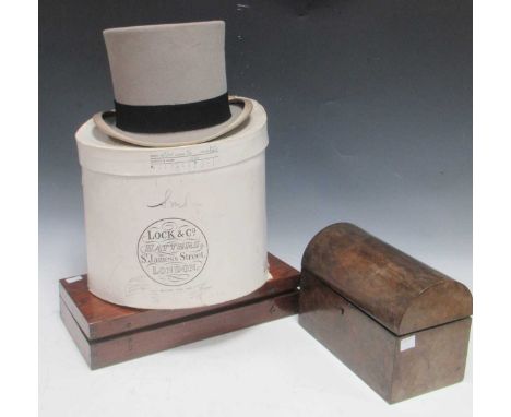 Lock and Co grey top hat, in white card Lock &amp; Co box; mahogany boxed medical kit and also a domed walnut box (3)