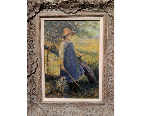 Mid 20th Century Impressionist School Young girl wearing a straw hat and blue dress figure indistinctly signed lower leftoil 