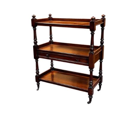 A Victorian three tier mahogany buffet, with single long drawer on turned supports,110.5 x 89 x 43cm