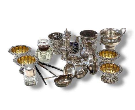 A collection of silverware including wine funnel, mustard, two handled bowl, toddy ladles caster etc, 462g (15ozt) weighable 