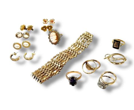 A hallmarked 9ct gold gate bracelet, together with seven rings assessed as 9ct gold, six pairs of ear studs assessed as 9ct g