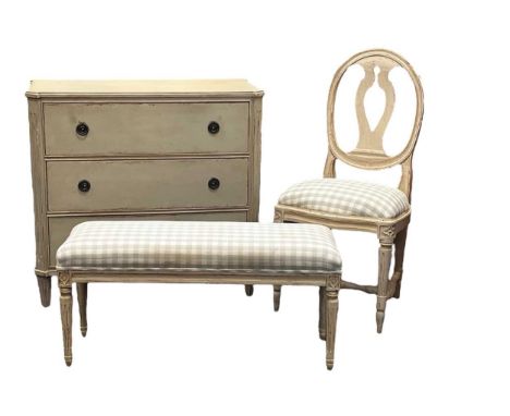 A possible Chelsea Textiles Empire style painted chest of drawers, 85 x 91 x 45cm, together with a painted Louis XVI style be