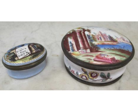 A 19th century or earlier circular enamelled patch box, possibly Battersea, the lid decorated with ruined classical landscape