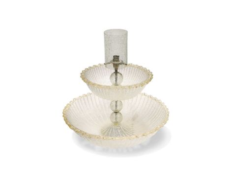 A Murano tiered glass table lamp, the cylindrical crackle glass shade above two graduated bowls with aventurine included rims