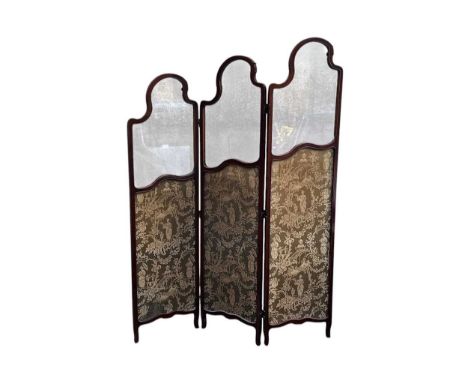 A  Louis XV style three fold modesty screen with glass panels above chinoiserie fabric panels,154cm high, each panel, 46cm wi