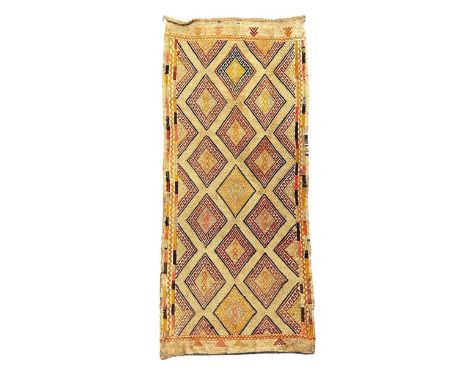 A Soumak woven panel, 20th century, in geometric design, now as a wall hanging,98 x 43cm