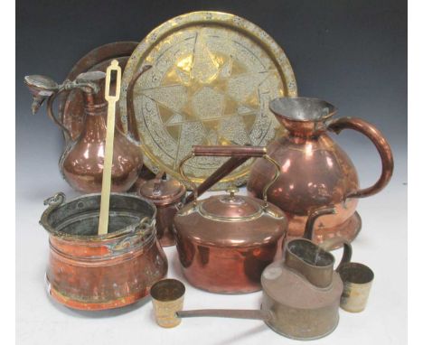 A quantity of various copper wares to include a Middle Eastern brass tray, a copper coffee pot and kettle, warming pan etc