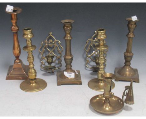 Pair brass candlesticks with knopped stems together with a pair of pierced brass single sconce wall lights; also a brass cham